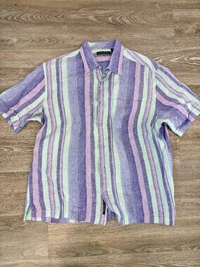 Cubavera 100% Linen Striped Purple Pastel Casual Summer Beach Look Shirt XL